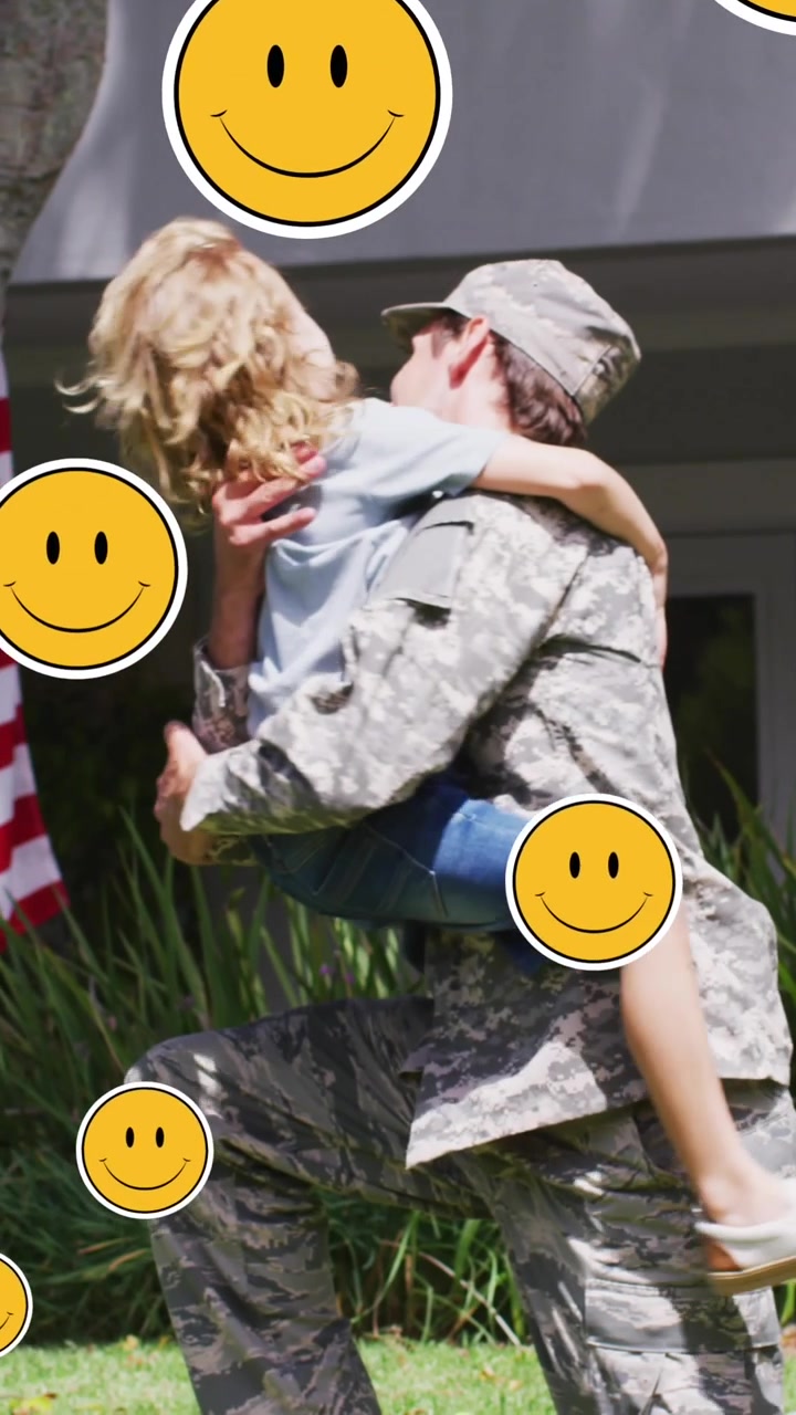 Video of falling emojis over caucasian boy running to the soldier