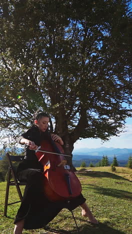 woman in black dress playing violoncello sitting on the high hill. musician performing classical music in the strong wind at the backdrop of mountains. vertical video