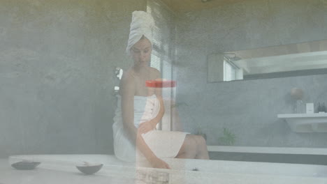 relaxing in towel, woman enjoying serene atmosphere in modern bathroom animation