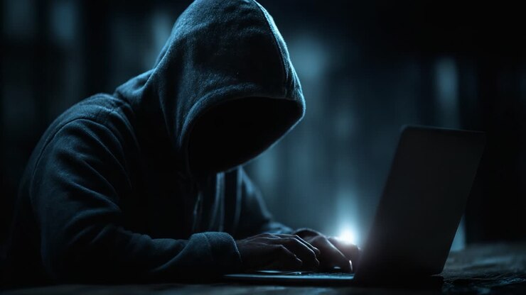 Una figura misteriosa con una felpa con cappuccio che utilizza un laptop in un ambiente buio, mettendo in evidenza i temi della sicurezza informatica e dell'anonimato digitale