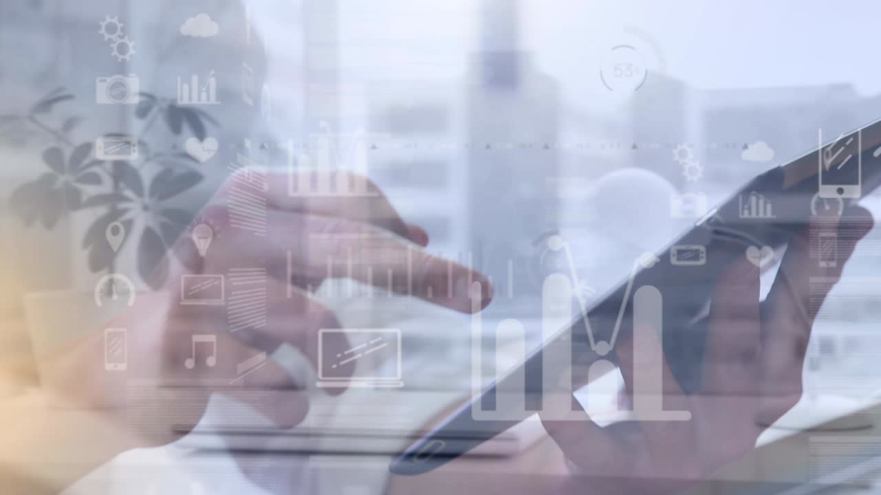 태블릿과 도시 풍경을 사용하여 인간에 대한 데이터 처리 애니메이션