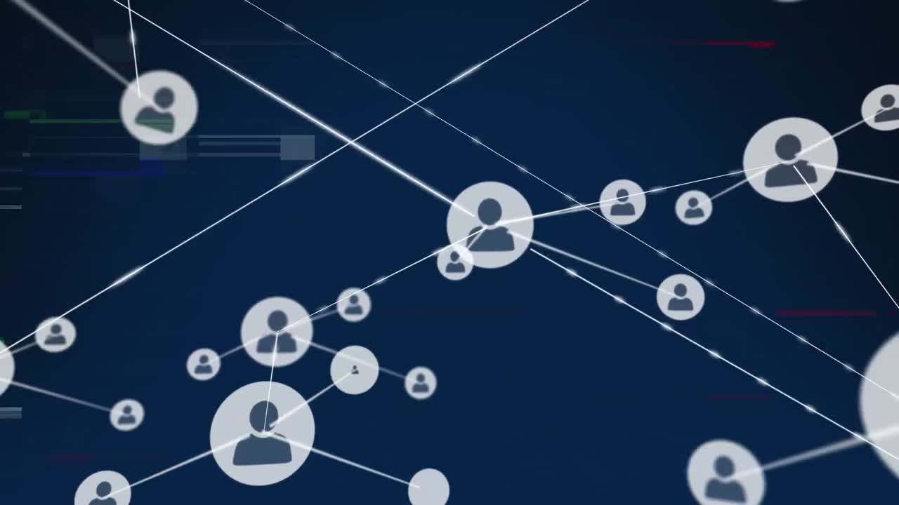 animación del efecto de glitch sobre la red de iconos de perfil contra fondo azul