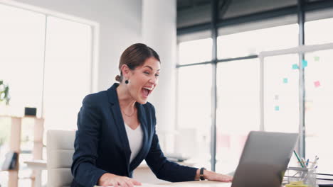business woman, laptop and celebration