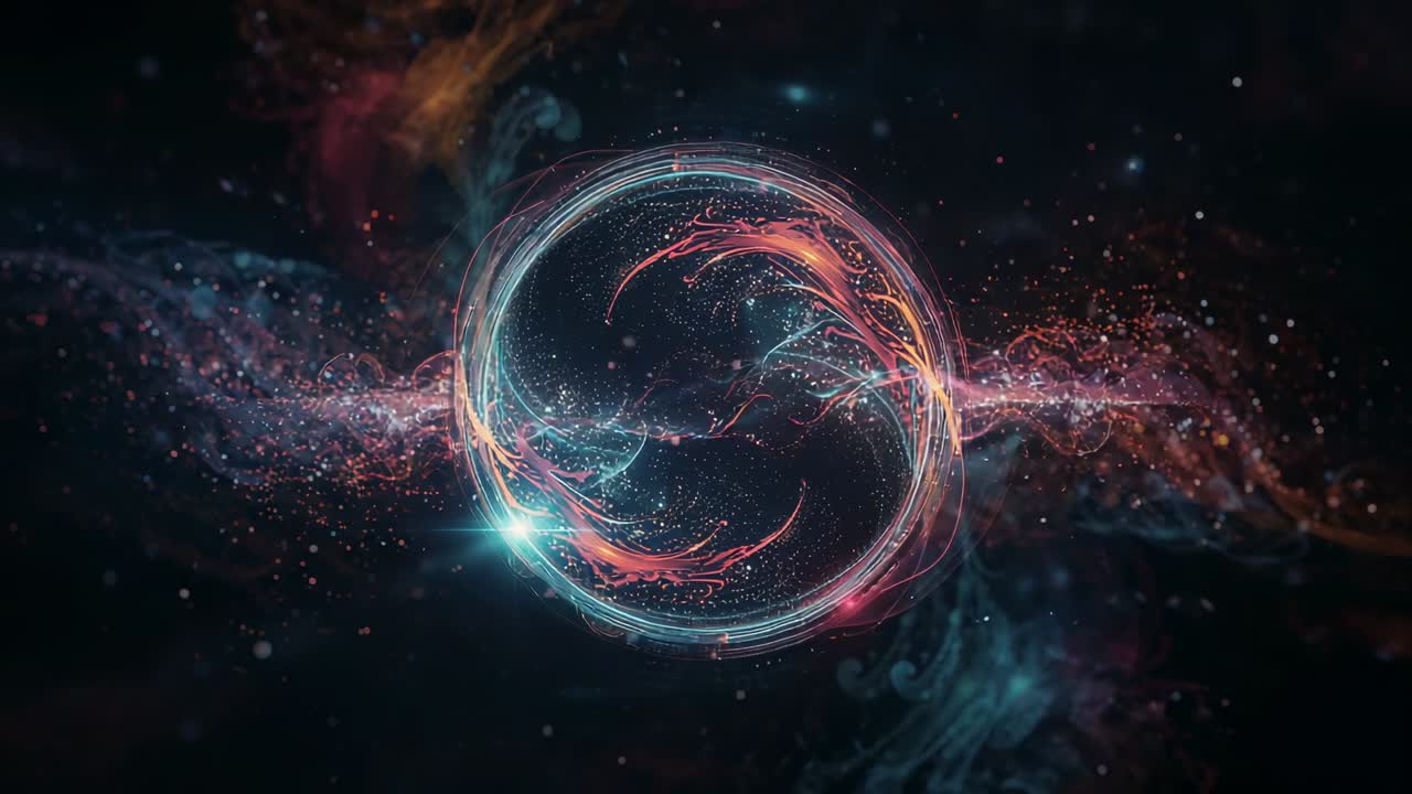 Opening void spawning glowing plasma ring pulsing rotating, streaming neon filaments and particles