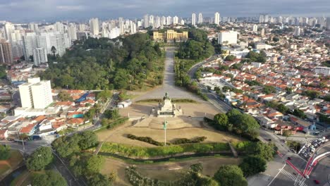 a drone shot of facade of the paulista museum aka ipiranga museum close view after restoration and modernization in the independence park along with its surrounding