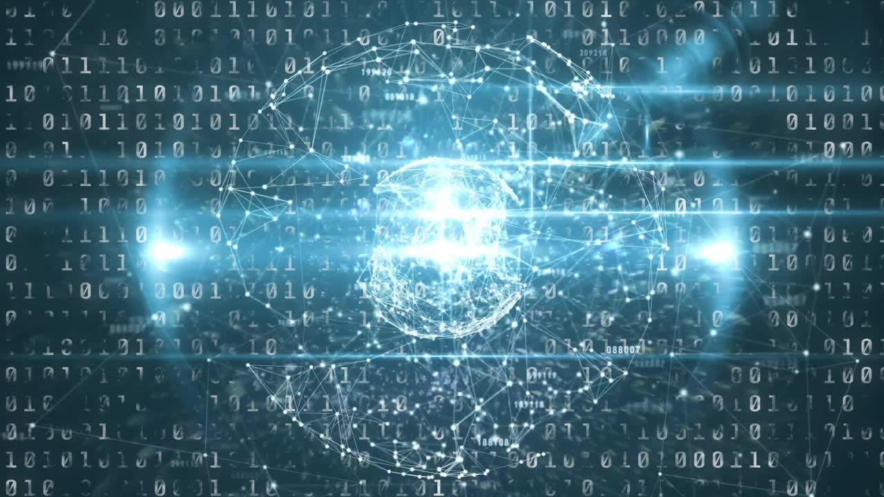 código binario y animación de conexiones de red sobre una esfera digital brillante