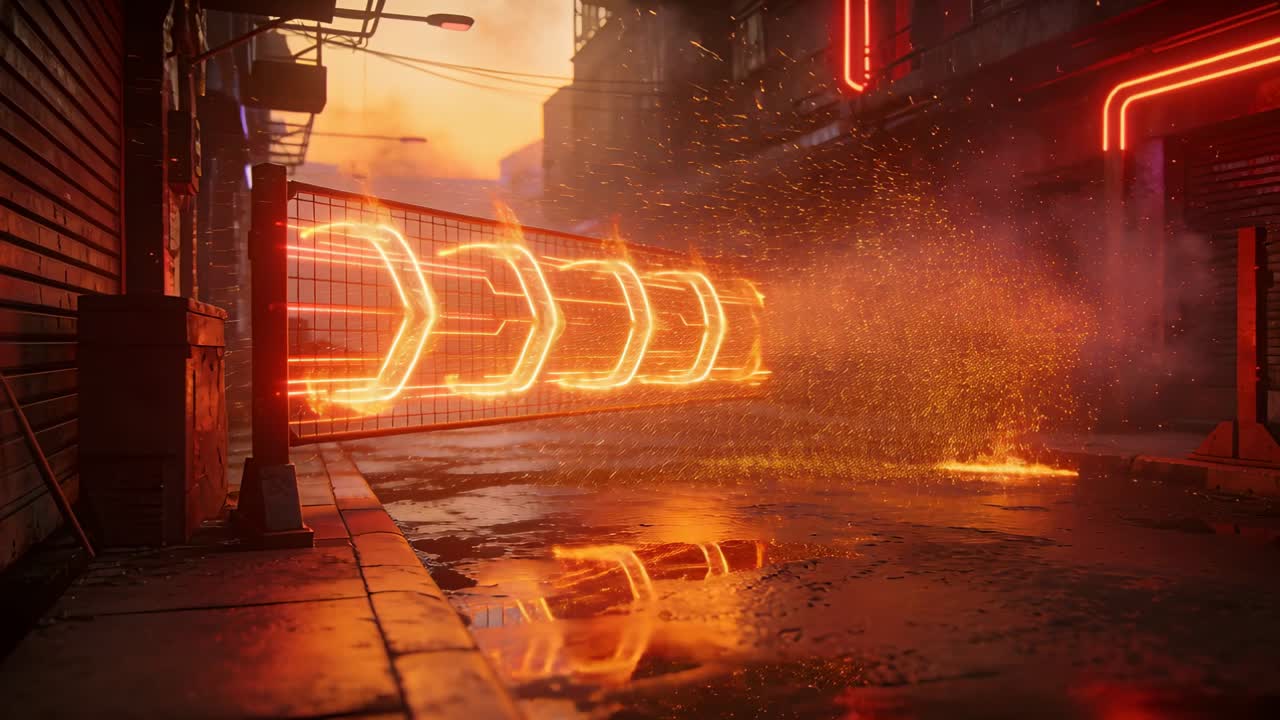 Pulsing neon arrow barrier retracting to open gate in alley, emitting sparks igniting puddle fires