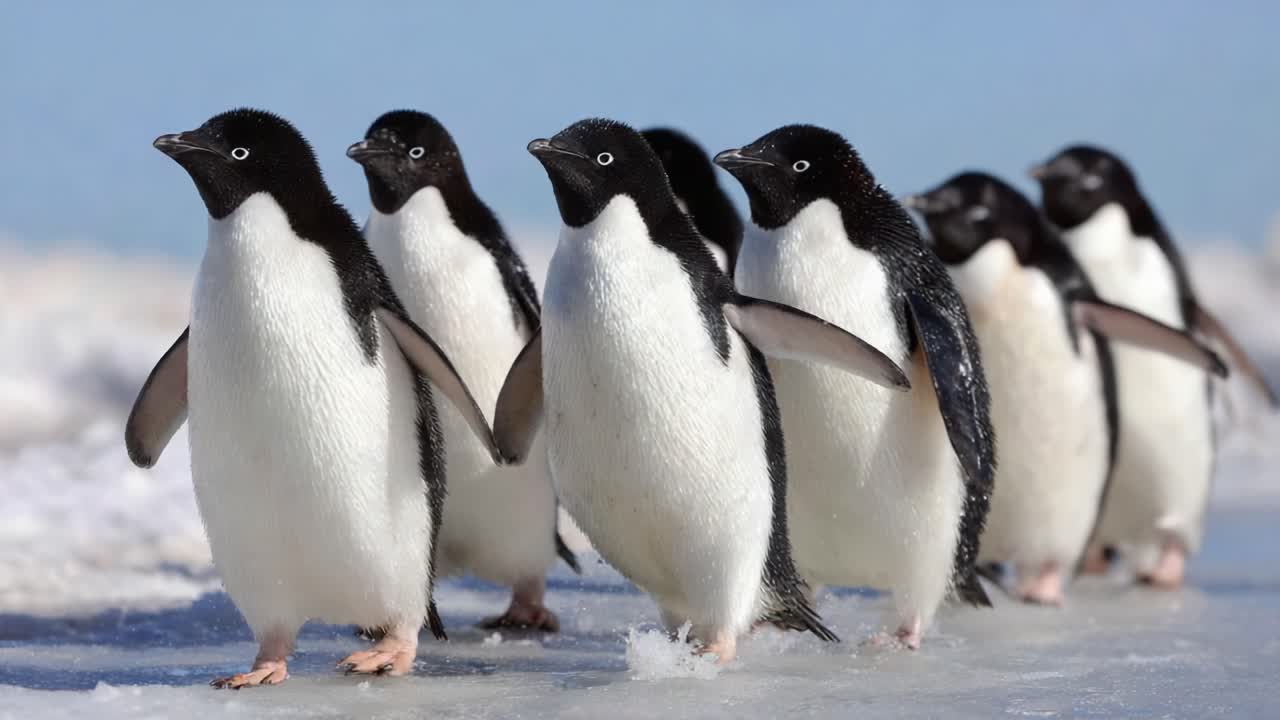 A group of adorable Adélie penguins waddling across icy terrain, showcasing their unique black-and-white plumage and playful demeanor in a pristine landscape