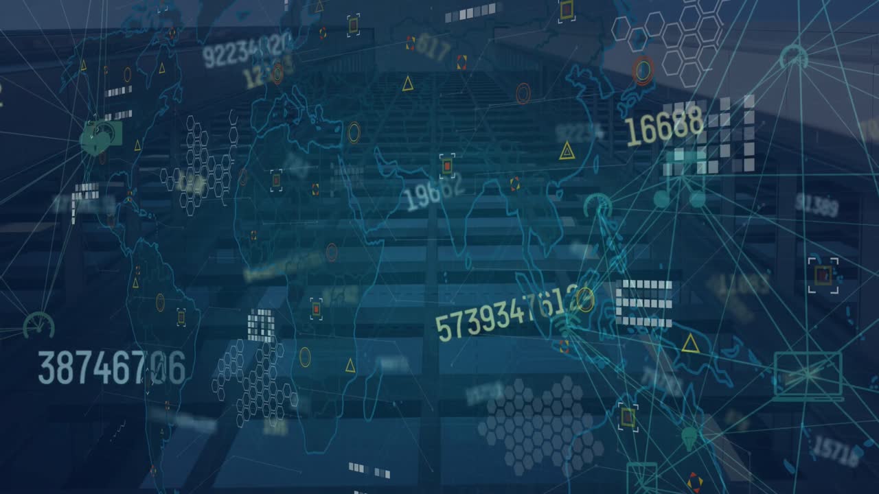 현대적인 건물 위에 연결 및 세계 지도와 함께 금융 데이터 처리의 애니메이션