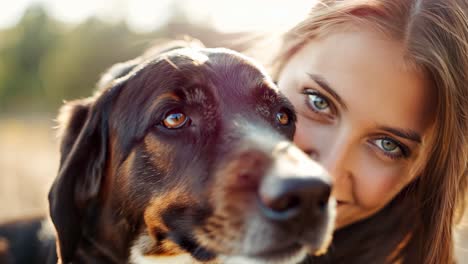collage showing a beautiful young woman with long brown hair and green eyes smiling and embracing her adorable dog with brown fur and beautiful eyes in a field