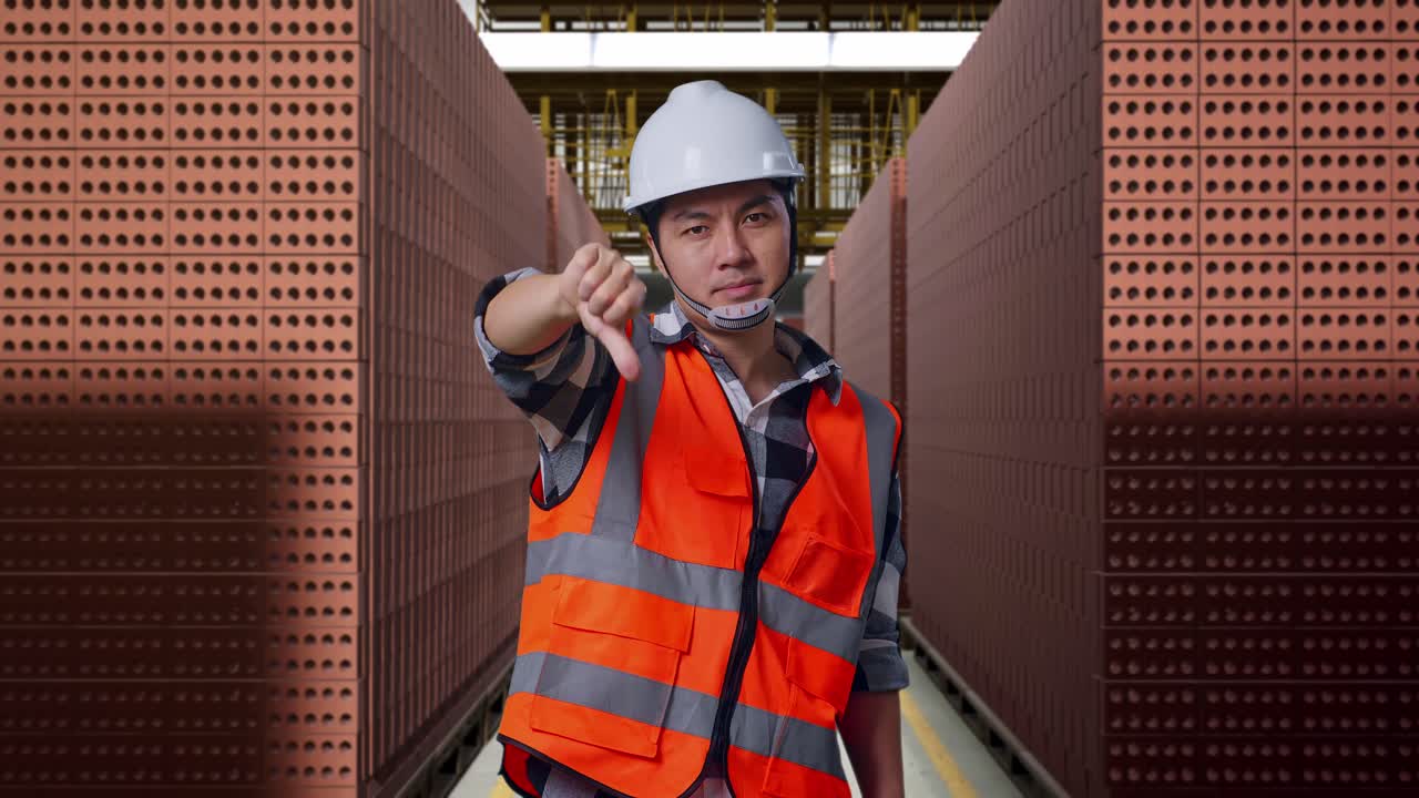 Asian Male Engineer With Safety Helmet Showing Thumbs Down Gesture And Shaking His Head While Standing With Red Brick Packed in Stacks Are Stored