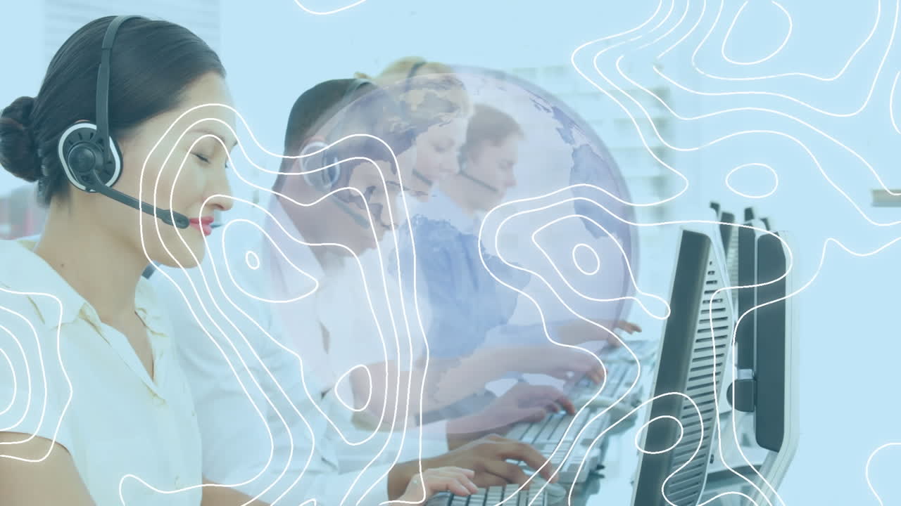 전화 헤드 ⁇ 을 사용하는 비즈니스 사람들 위의 지구와 선의 애니메이션