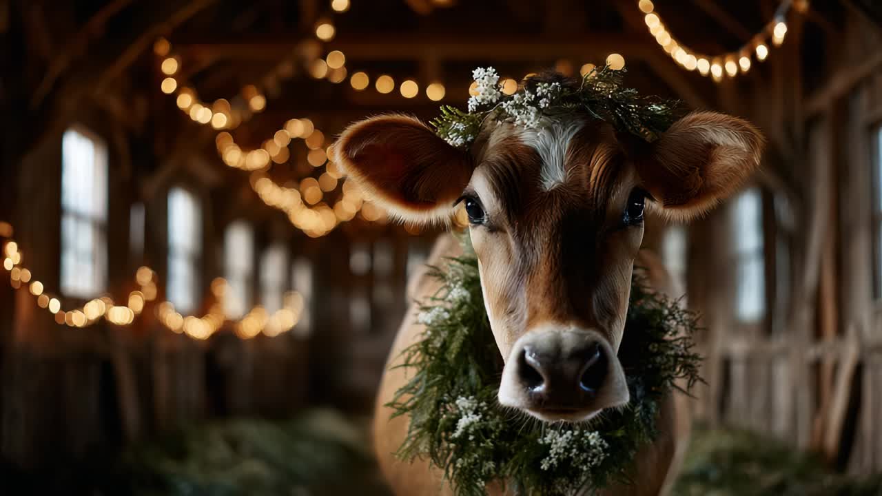 A Serene Cow Adorned with Greenery and Blossoms in a Warmly Lit Barn, Showcasing a Charming Rural Atmosphere with Twinkling Lights Creating a Joyful and Cozy Environment for the Viewer