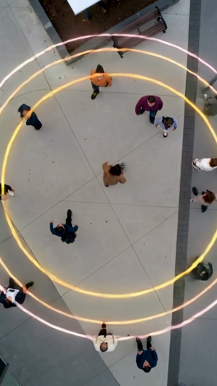 Digital Rings Illustrate Social Distancing Among People Walking in Urban Area