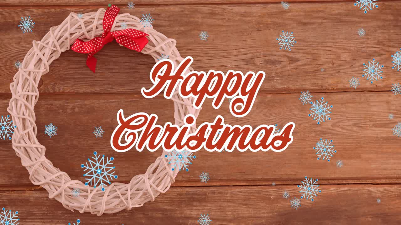 눈이 내리고 크리스마스 장식 위에 크리스마스 축하 문자의 애니메이션