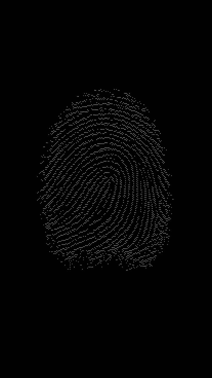 Animation verticale d'une empreinte digitale biométrique apparaissant à partir de points blancs sur un fond noir. Mouvement de particules minimaliste pour l'identité et les données
