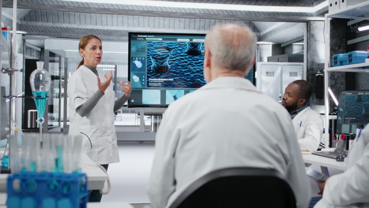 Esperto di biotecnologie in laboratorio che presenta un innovativo progetto di sequenziamento del DNA.