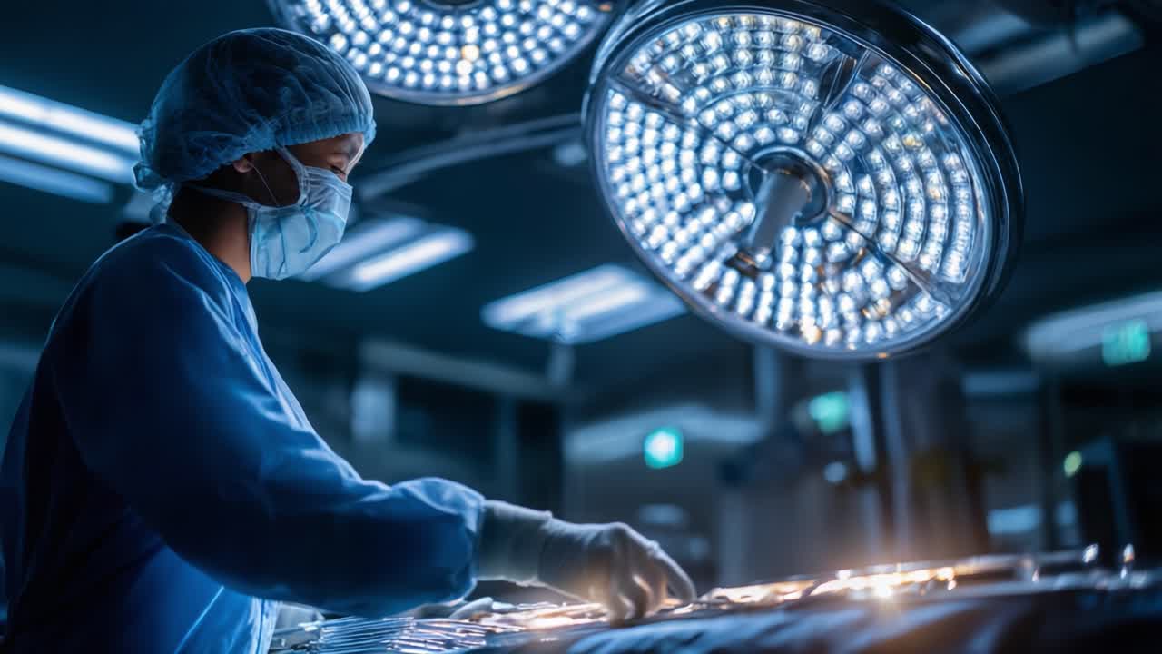 Kirurg udfører en delikat operation i en belyst operationsstue, med fokus på præcision og omhu under skarpt kirurgisk lys
