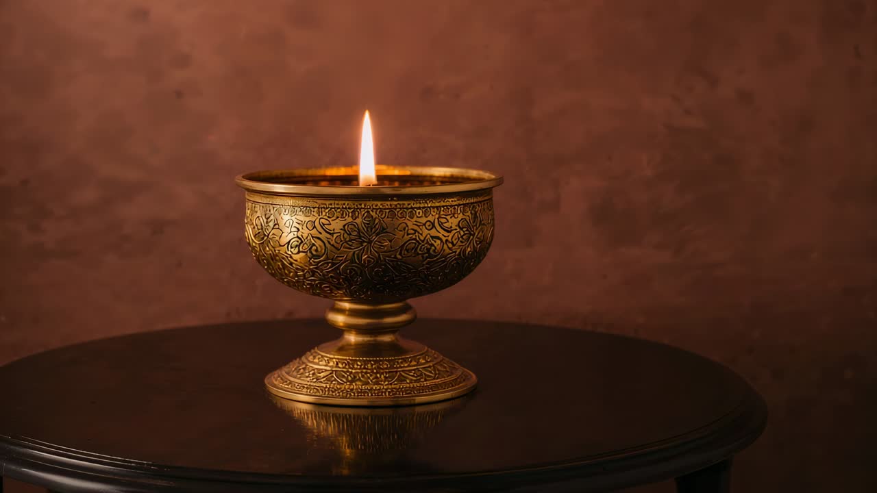 Flickering engraved brass lamp flame changing shape on dark wooden table, sequence starting