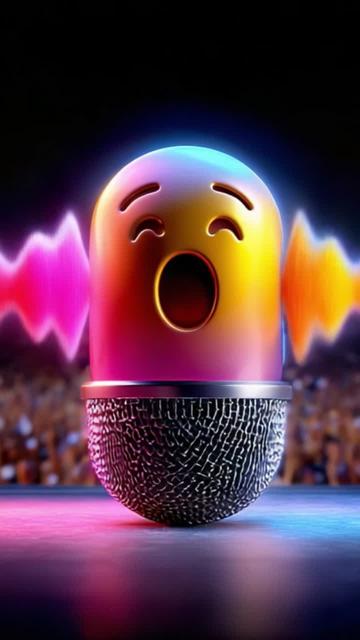 Microfono animato colorato con onde sonore, che esprime sorpresa ed eccitazione sul palco durante una performance vibrante