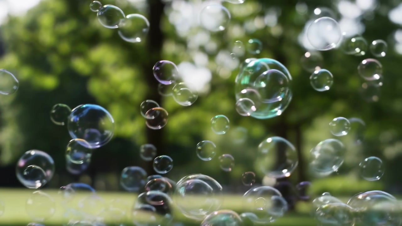 Numerous translucent soap bubbles fill foreground and midground at varied distances, with crisp spherical rims, rainbow interference colors, tiny highlights, and softly blurred park greenery behind