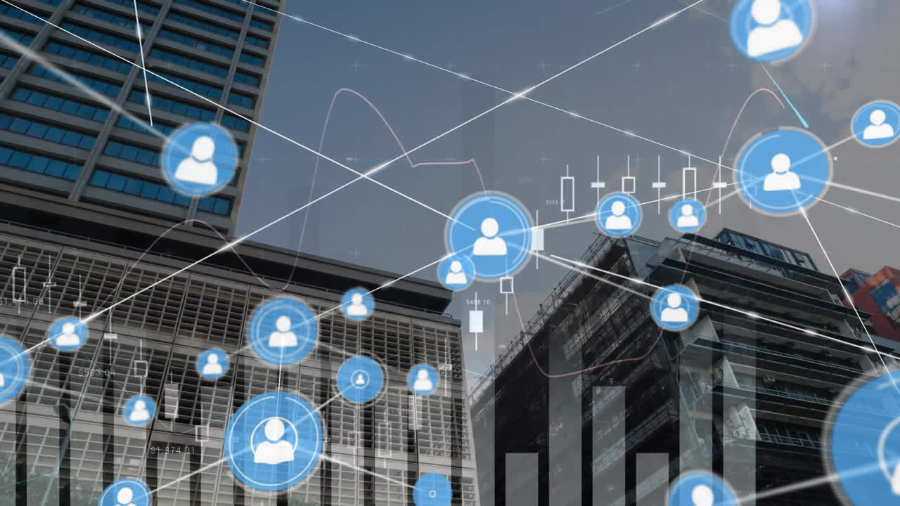 하늘을 향한 현대 건물의 낮은 각도 뷰를 통해 그래프와 연결된 아이콘의 애니메이션