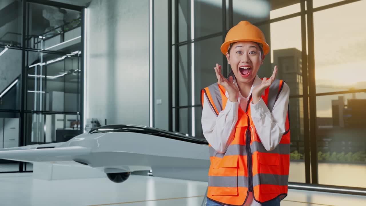 드론과 함께 현대 사무실에서 놀라운 여성 엔지니어