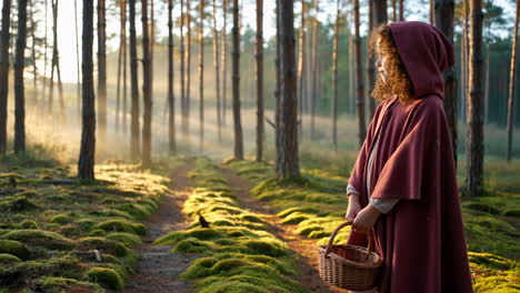 a young person in a red cloak holding a basket in a sunlit forest, resembling little red riding hood