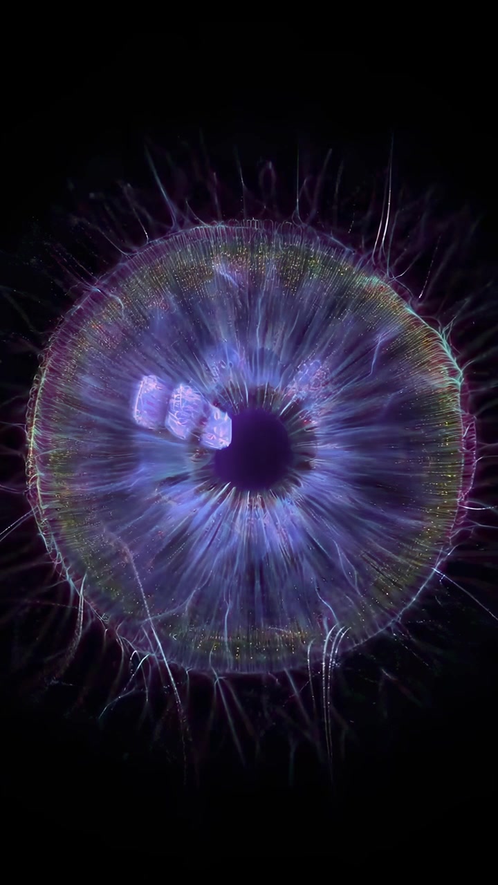 Occhio astratto luminoso che cambia colore con fibre digitali