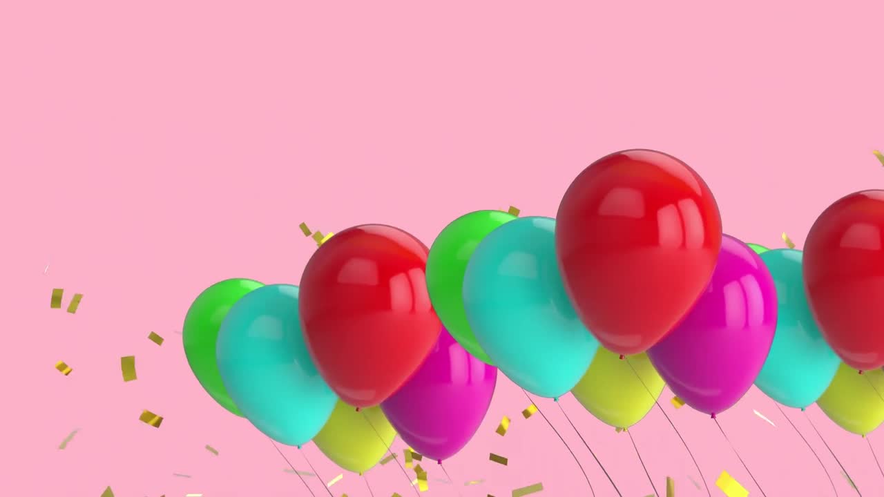 animación de confeti dorado que cae en globos de colores, con fondo rosado