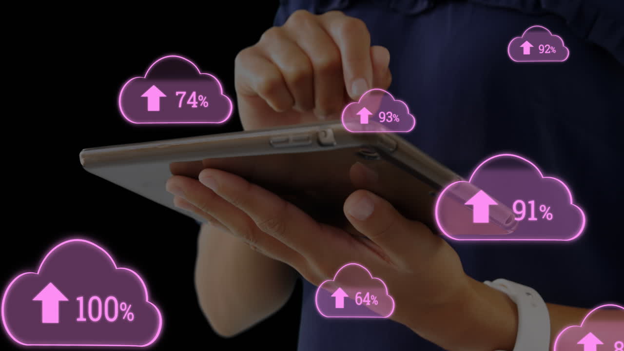클라우드 4k에 데이터를 입력하고 업로드하는 여성의 애니메이션