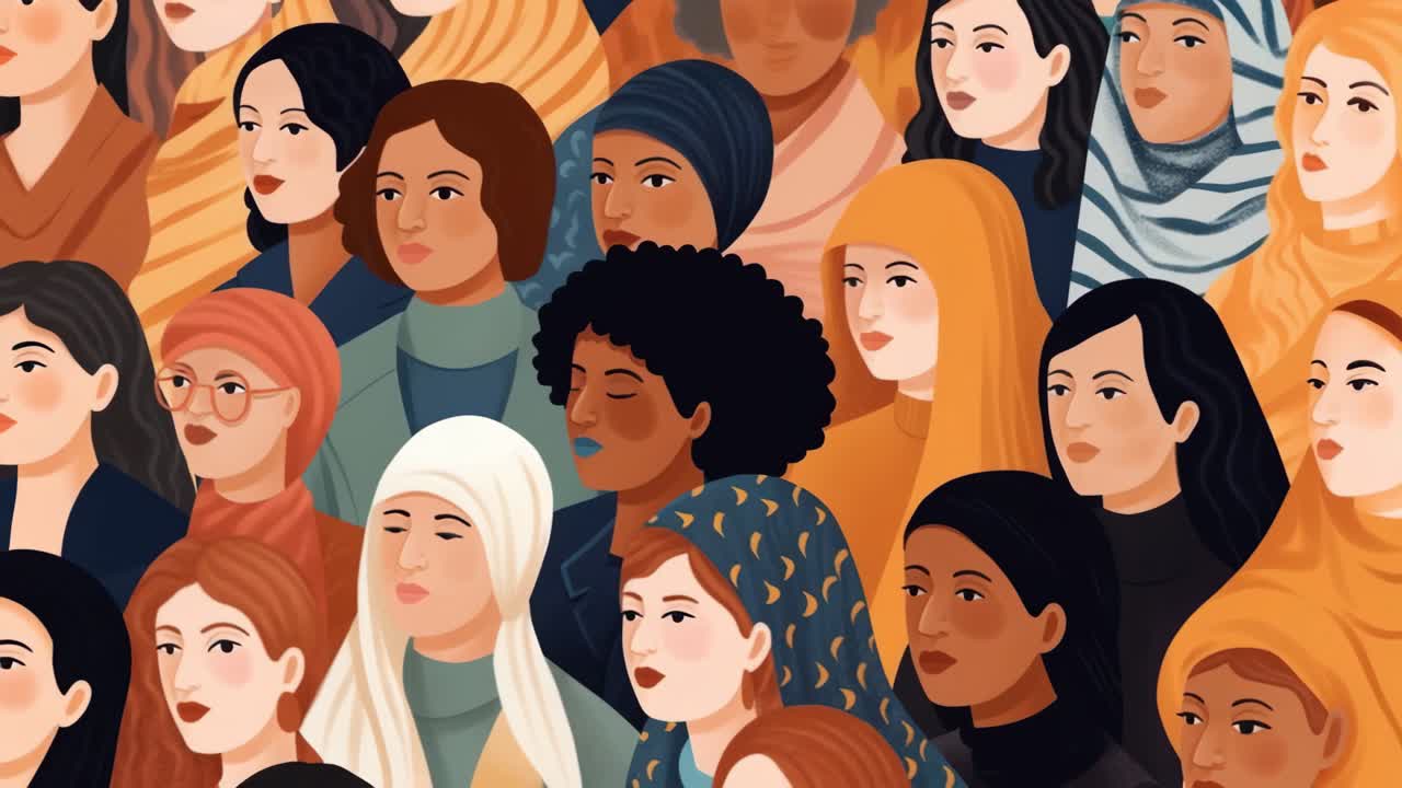 Illustration of diverse women in vibrant attire, viewed from a frontal angle