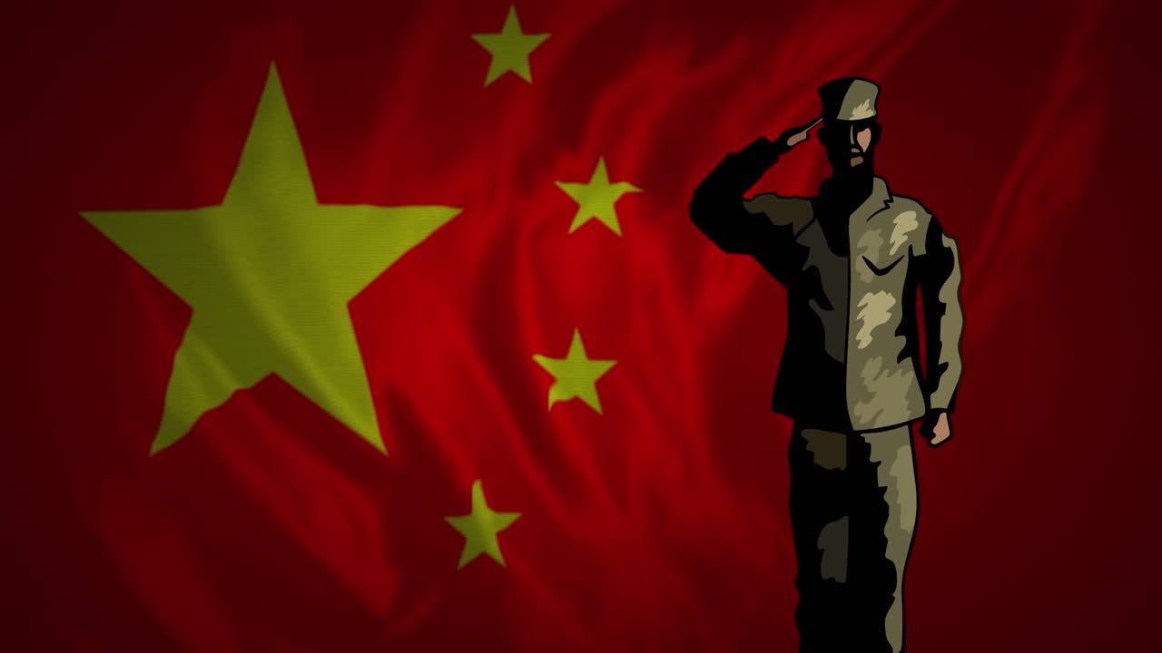 Animação da bandeira da China sobre silhueta de soldados