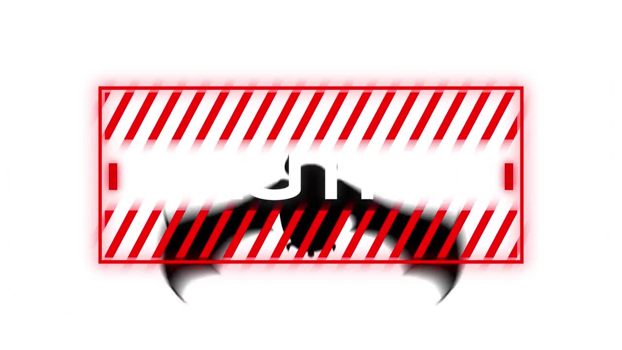 animación del texto de advertencia precaución, sobre el murciélago, en blanco