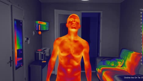 a thermal imaging representation of a human figure in a room: analyzing body heat distribution and environmental temperature variations