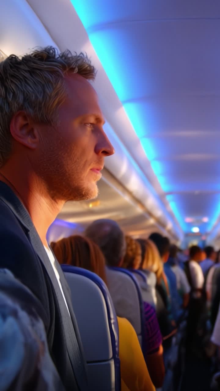 Reflexión pensativa de un pasajero en un pasillo de avión concurrido con iluminación ambiental, capturando los momentos de anticipación y viaje entre dos encuadres.