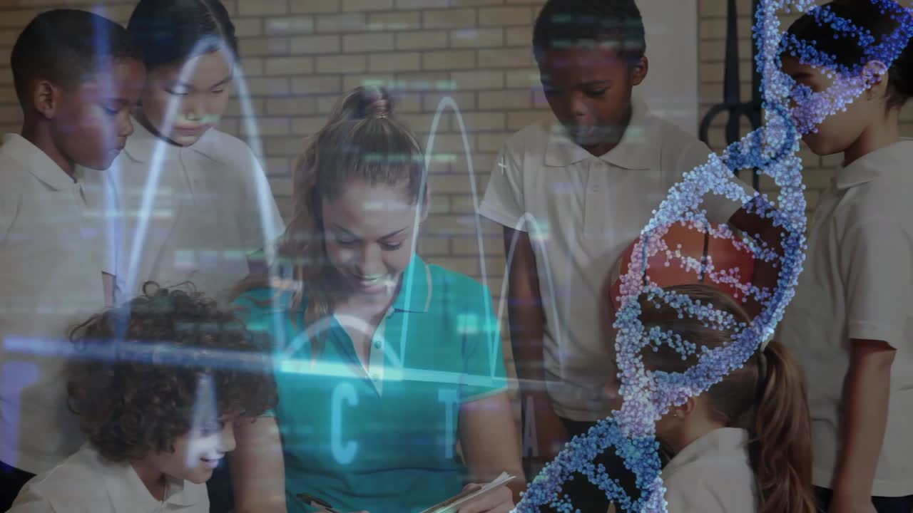 On opening teacher holding clipboard writing as students watching DNA helix waveform for science