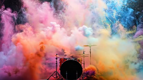 A colorful explosion of smoke and dust with a drum set in the middle. The drum set is surrounded by a cloud of colorful smoke, creating a dramatic and energetic atmosphere