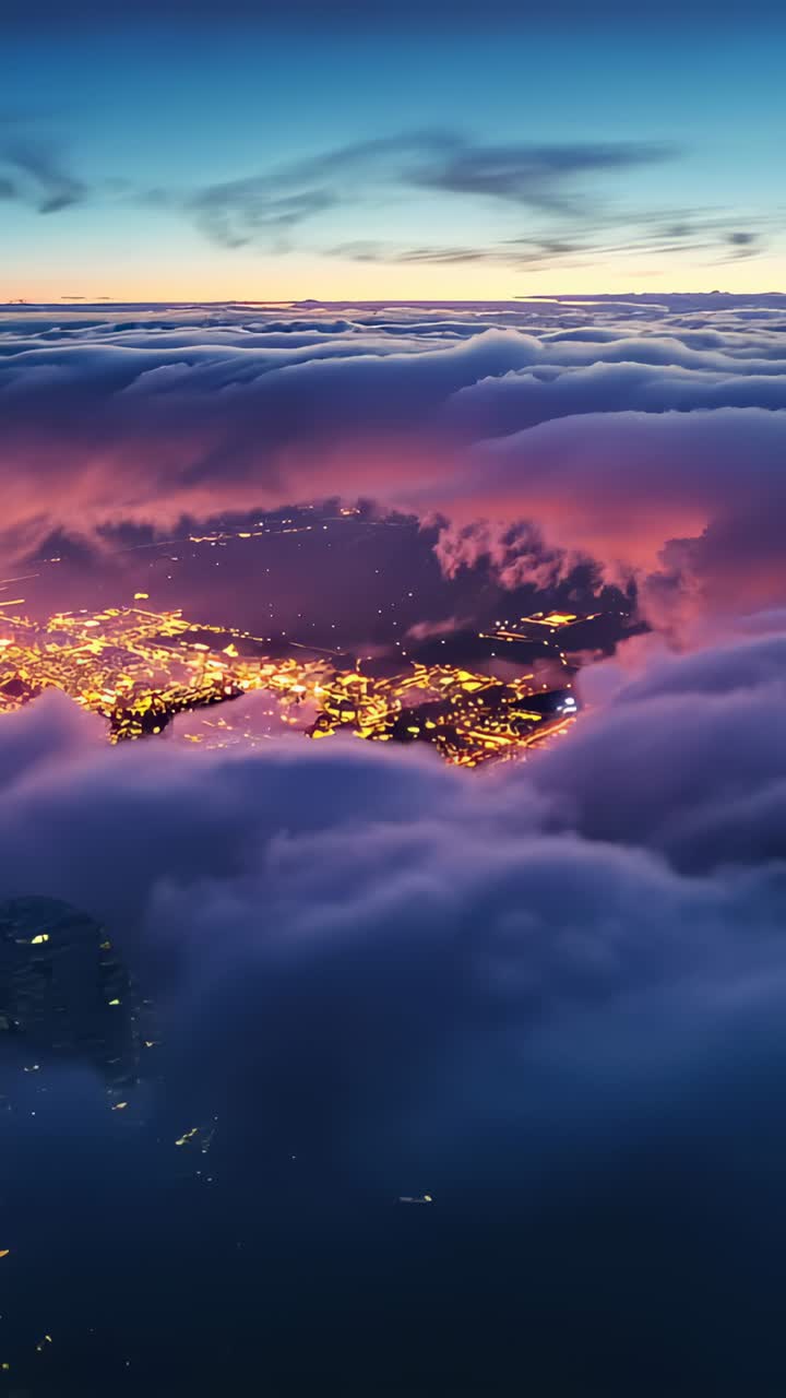 Vertical video: Tilting camera showing lit urban grid through cloud gap at dusk, revealing lights