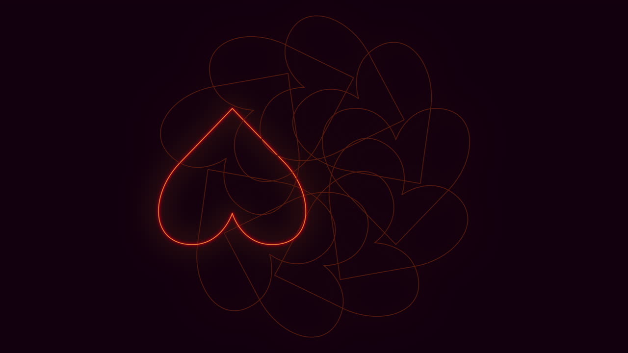 Abstract glowing neon heart outline on dark background, with a bright red heart shape standing out among faint overlapping hearts, ideal for romantic, Valentine, wedding or love themed projects