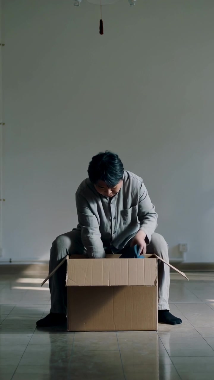 Video verticale: Notando una scatola di cartone, un uomo si china e fruga su un pavimento piastrellato per trovarne il contenuto