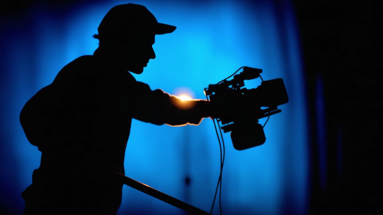 Silhouette di un cameraman che utilizza una videocamera su sfondo blu con fonte di luce intensa, immortalando momenti nella produzione cinematografica