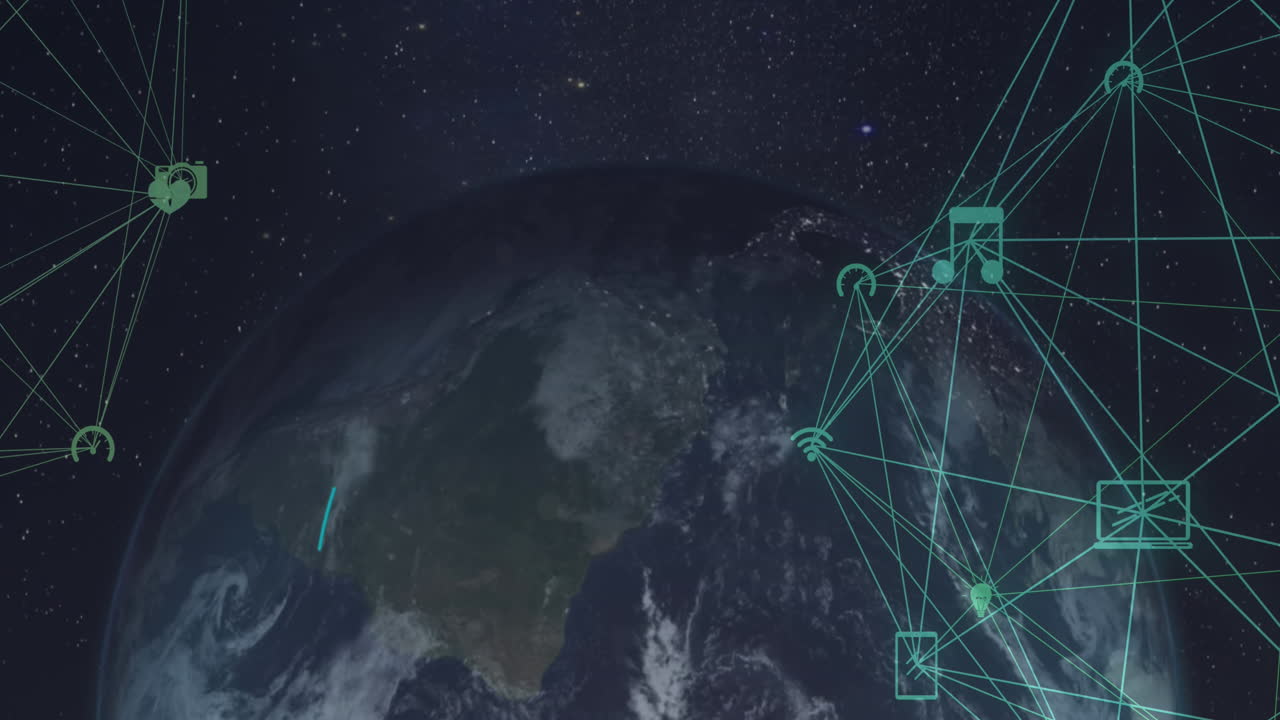 globo de iconos digitales contra el globo girando sobre fondo negro