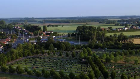 aerial view across st helens cemetery east lancs highway junction aerial view orbits rural farmland