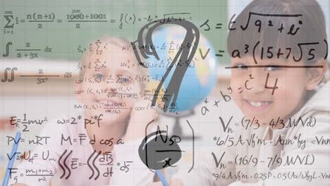 símbolo de punto de interrogación y ecuaciones matemáticas contra diversos niños y niñas en la escuela