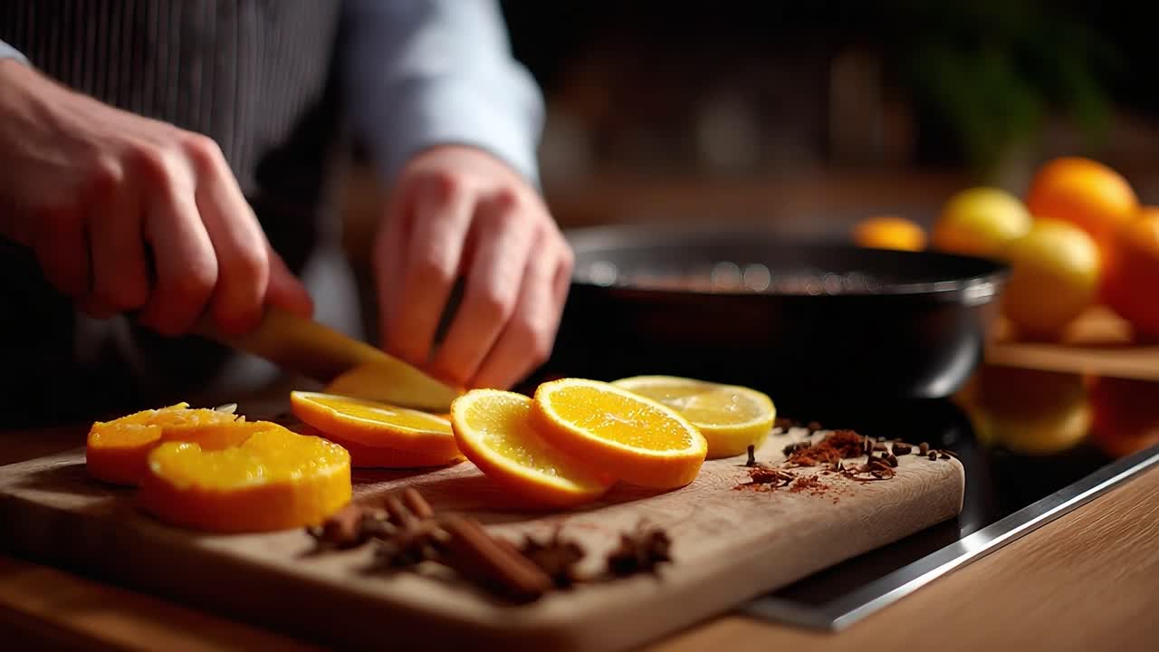 Un'esperienza culinaria: affettare agrumi freschi come arance e limoni per cucinare e preparare dolci in un ambiente cucina caldo e invitante