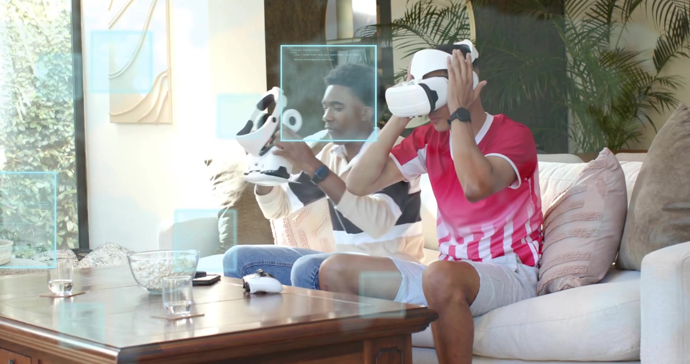 Due amici individuano un segnale di gioco, afferrano visori VR, attivando overlay dell'interfaccia utente per l'immersione nel gaming VR.