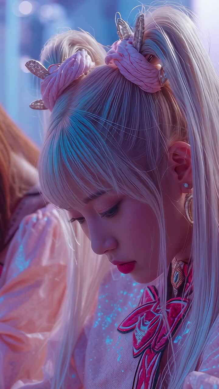 Vertical video: Listening woman using earphones tilting head in studio, pink jacket, copy space