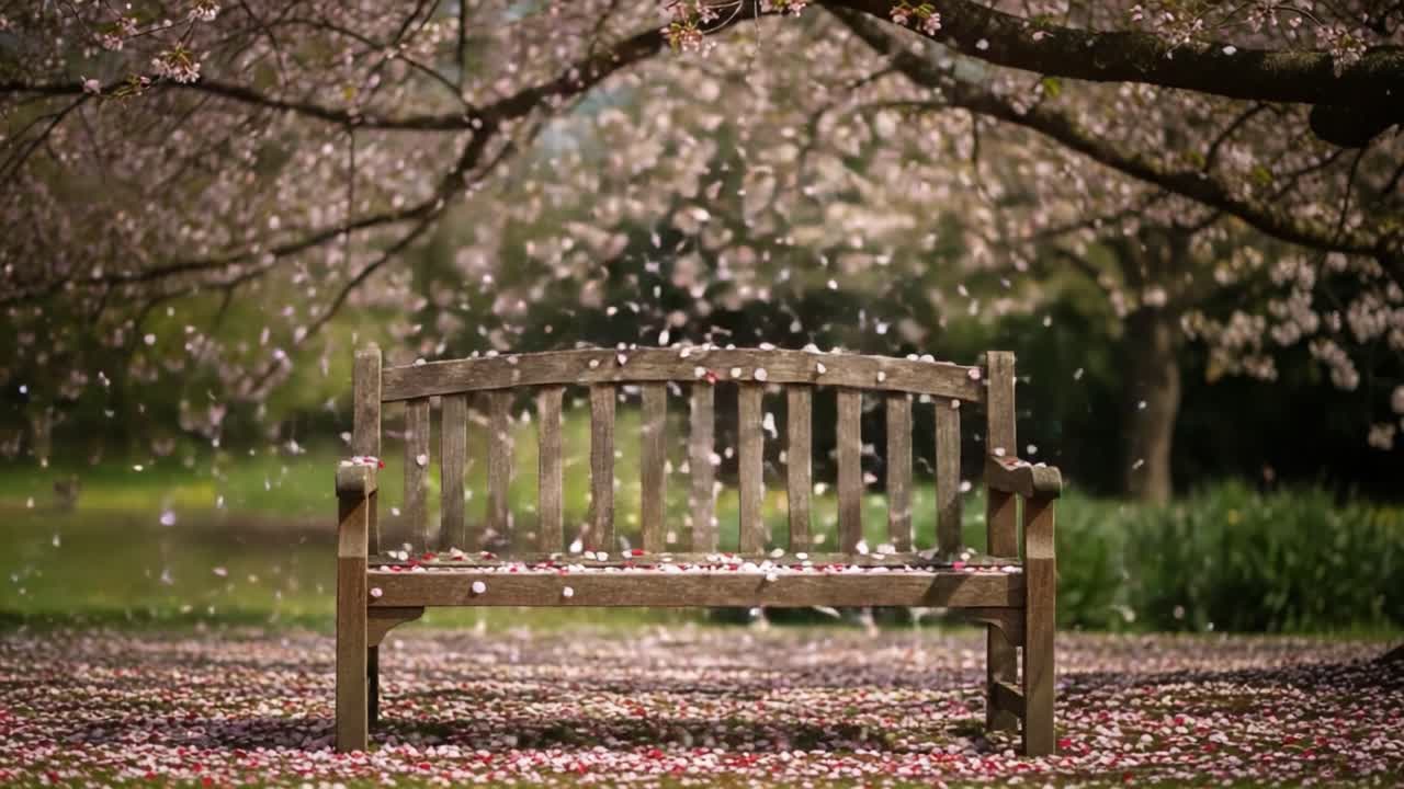 A Serene Park Bench Surrounded by Floating Cherry Blossom Petals and Nature's Beauty, Inviting Moments of Reflection and Tranquility