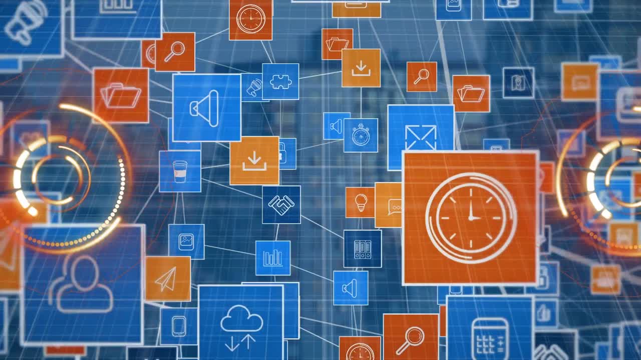 animación del escaneo del alcance y los iconos de los medios sobre el paisaje urbano